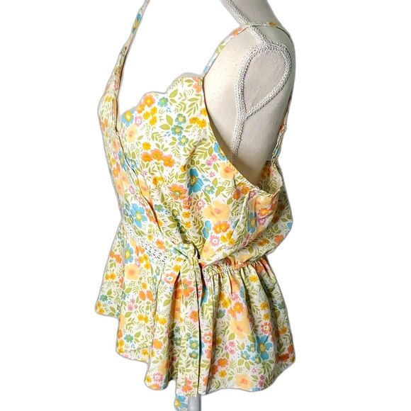 Top Faux Wrap Blouse by Milk & Honey multicolor floral lace trim, Size L - Picture 2 of 6